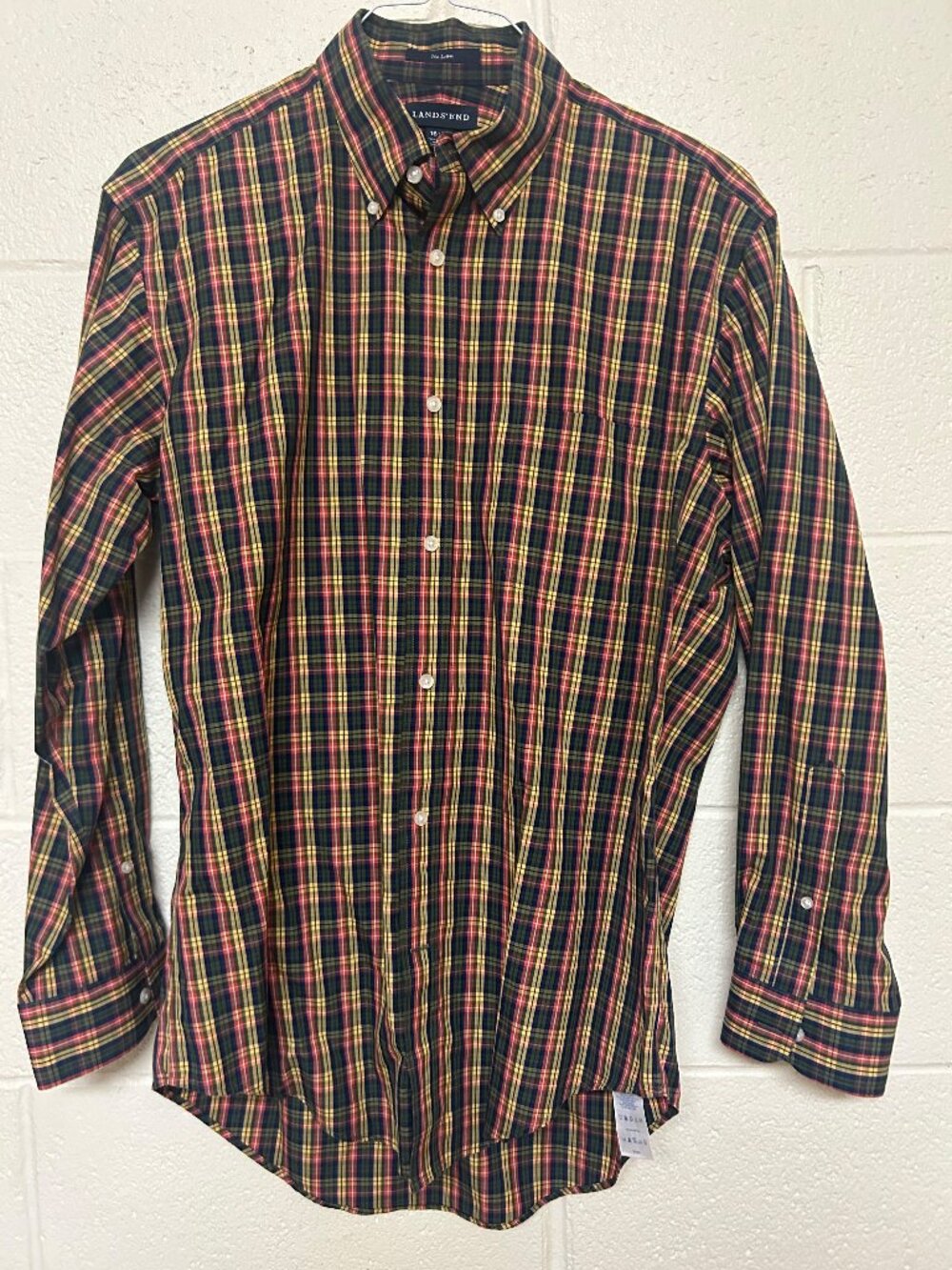 Men's Black, orange, and Yellow plaid button down shirt size L